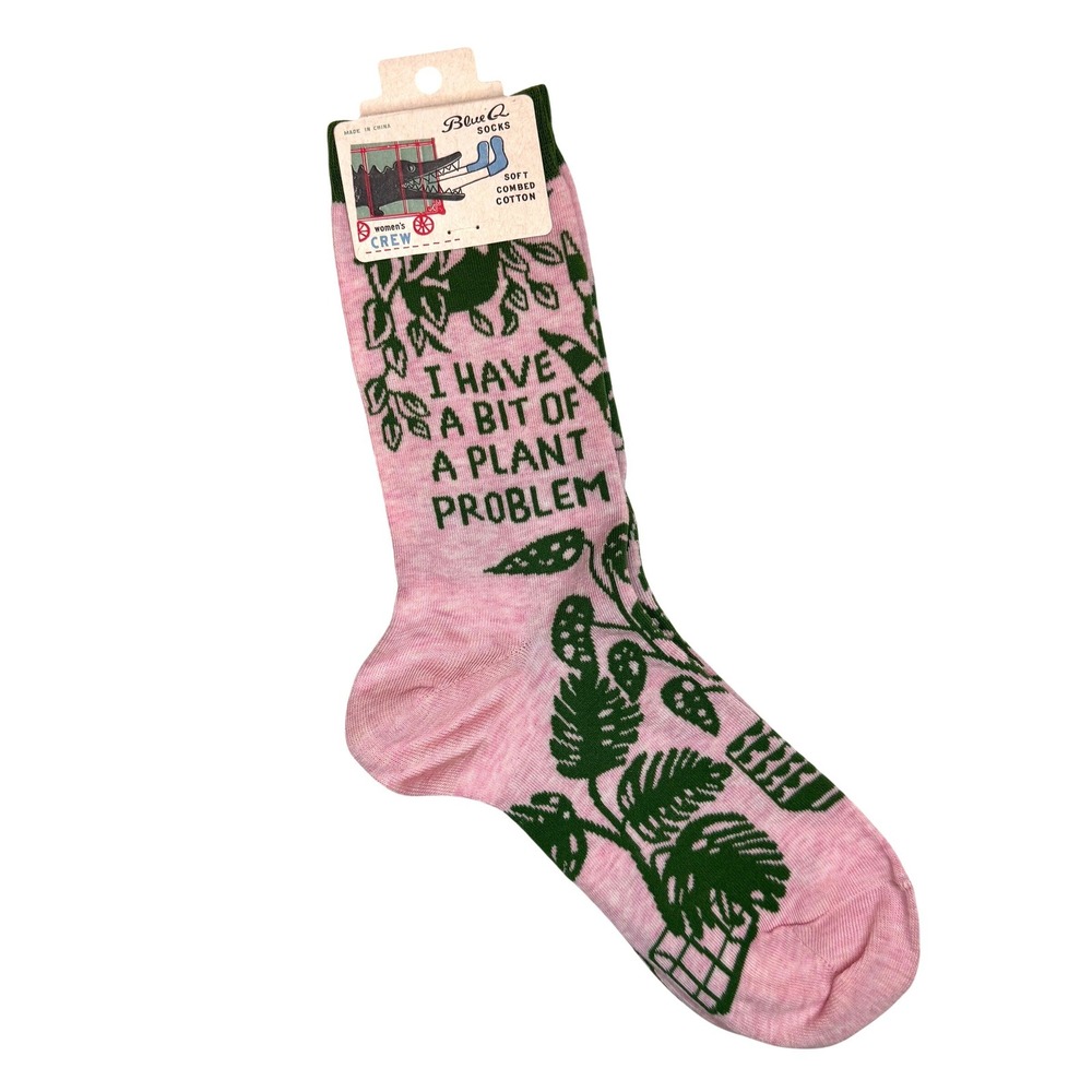 NWT Blue Q Women's Crew Sock Cotton Plant Problem Green Pink plant mom botanical